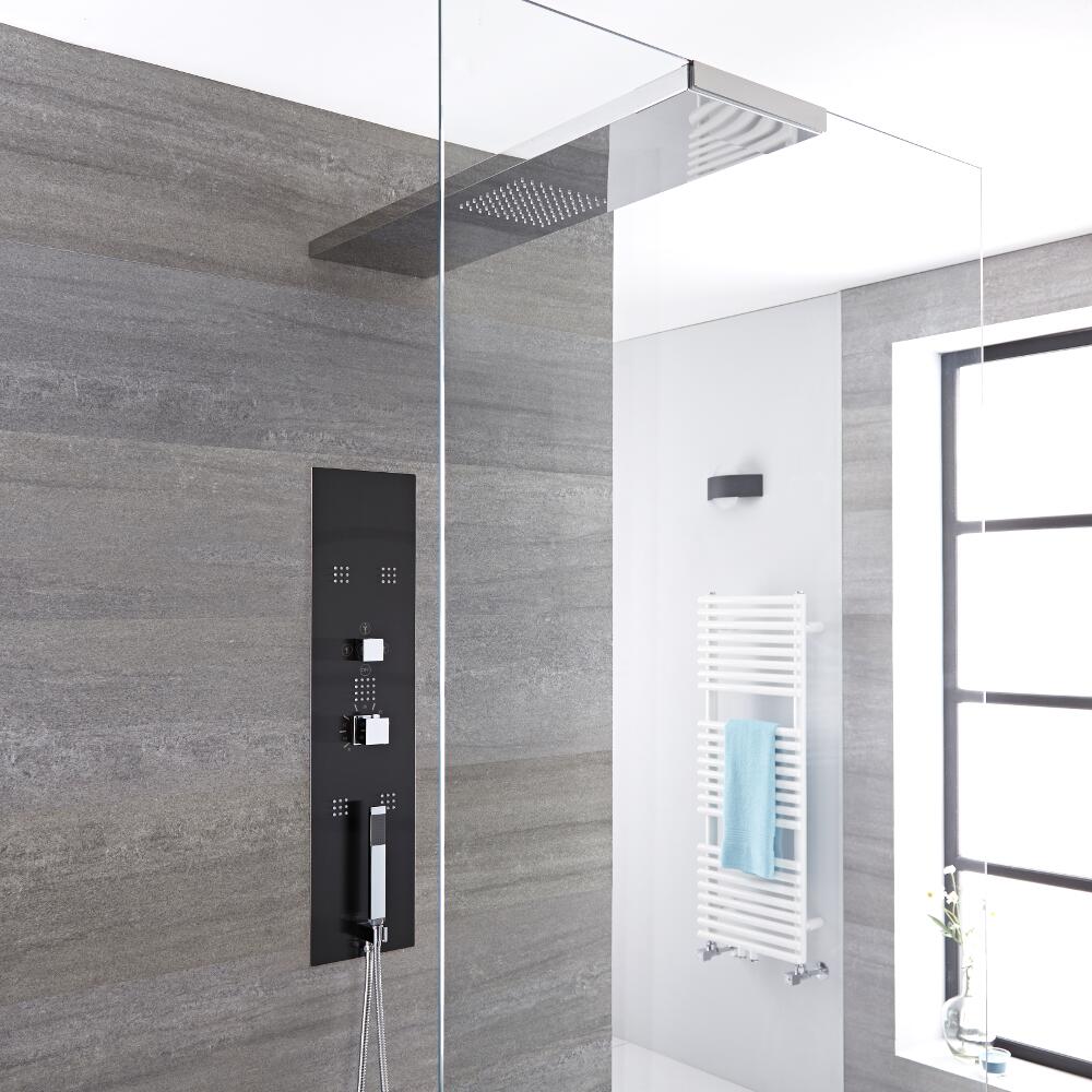 Pannello Doccia Idromassaggio Termostatico da Incasso Nero con Soffione Doccia 900mm con Braccio Doccia Integrato per Parete Box Doccia