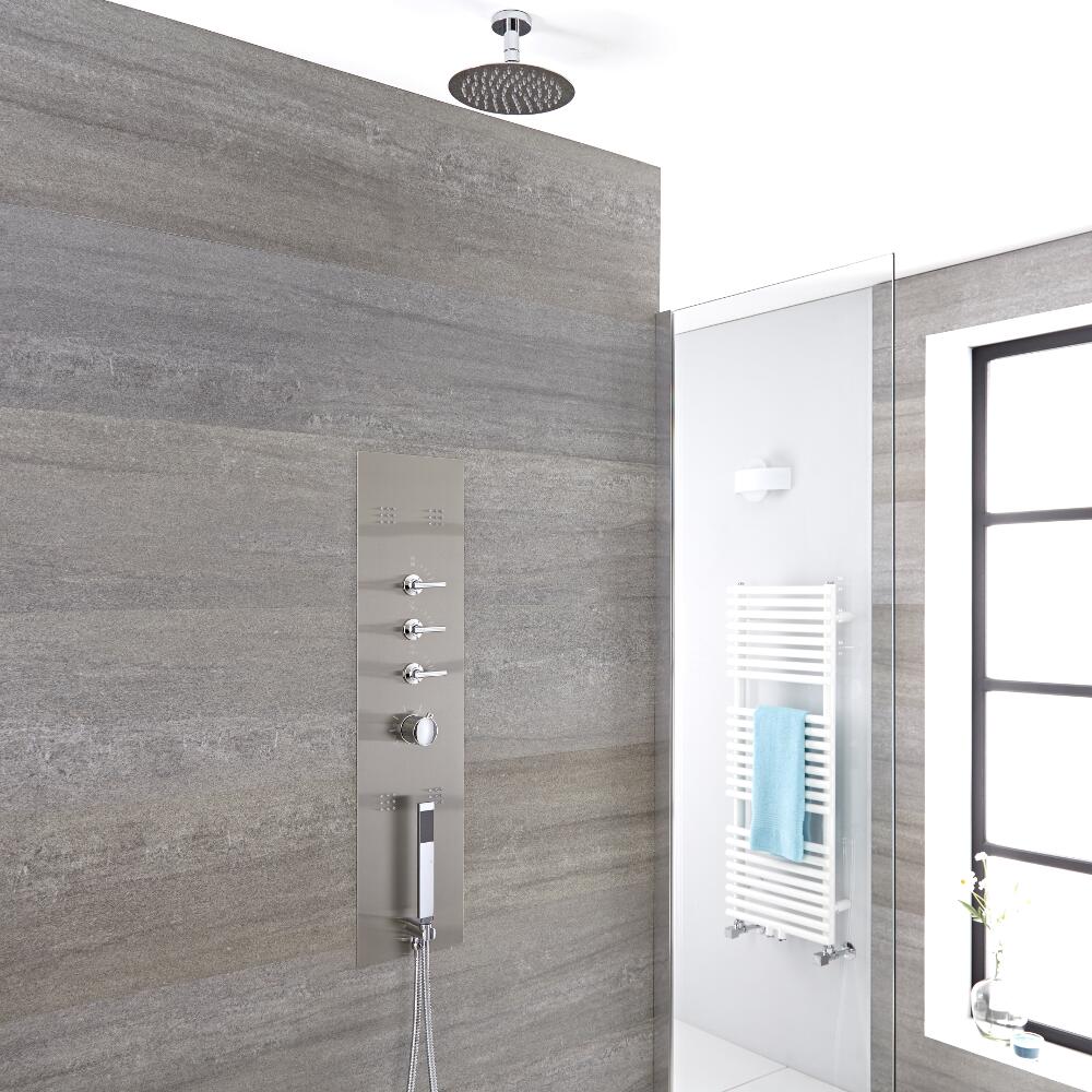 Pannello Doccia Idromassaggio Termostatico da Incasso Cromato Spazzolato con Soffione Doccia Tondo Fisso 200mm con Braccio a Soffitto 50mm - Lisse