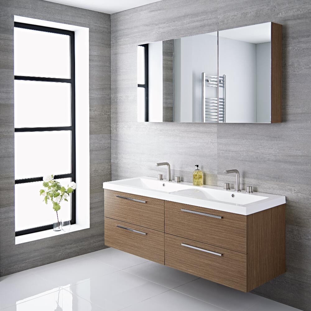 Mobile Bagno Sospeso Doppio Colore Rovere 1440x510x550mm con Lavabo Integrato - Langley