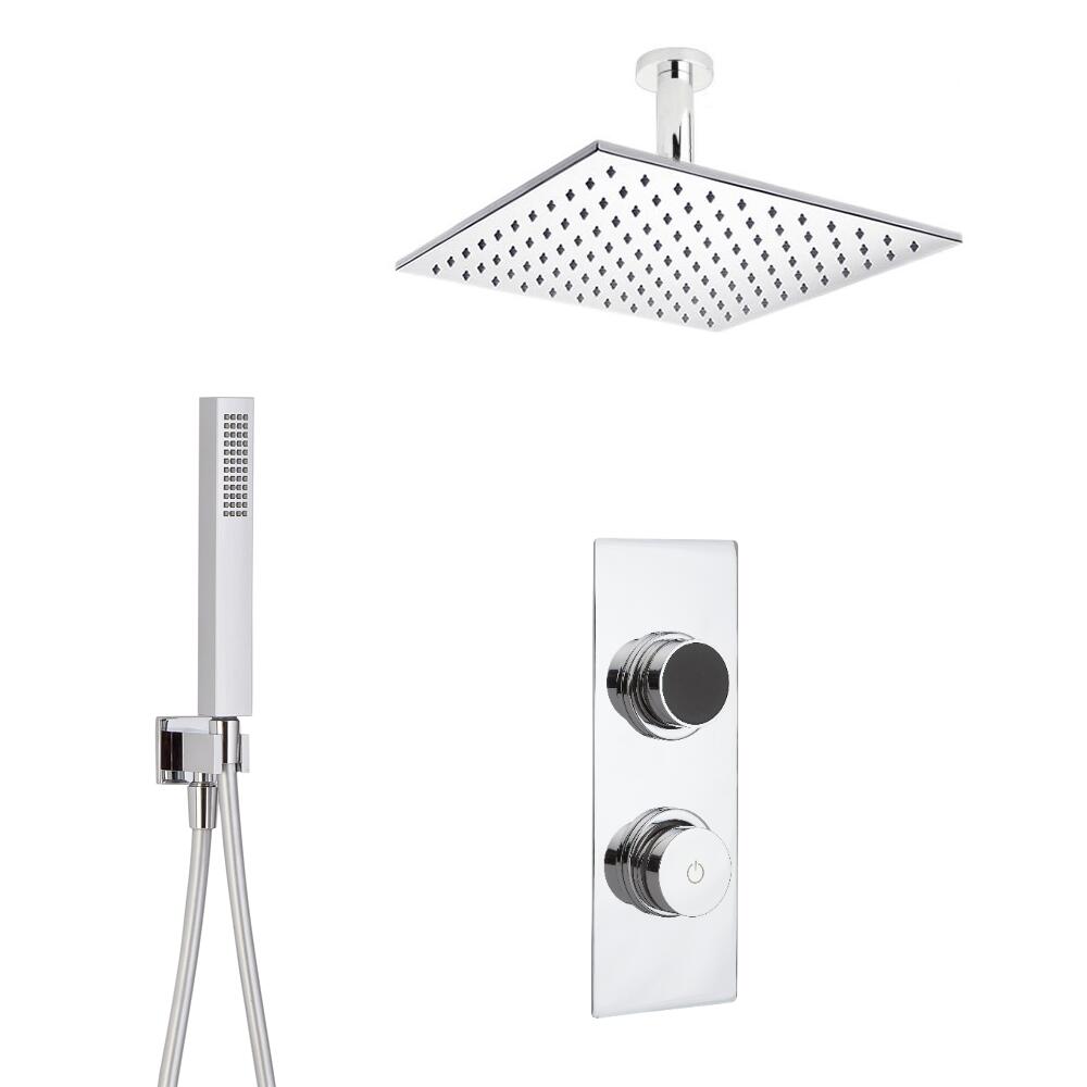 Doccia Digitale con Sistema di Controllo a 2 Vie con Soffione Doccia Quadrato 300x300mm, Braccio a Soffitto e Doccetta