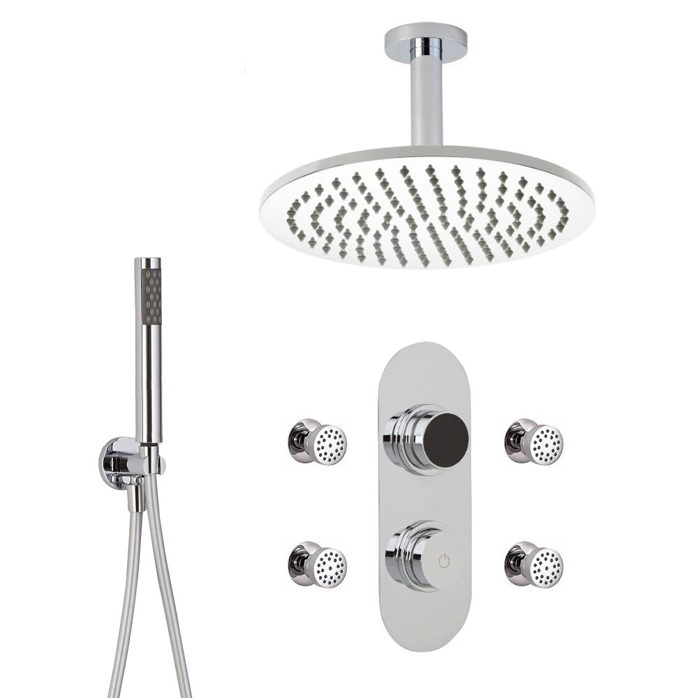 Doccia Digitale con Sistema di Controllo a 3 Vie con Soffione Doccia Circolare 300mm, Braccio Doccia a Soffitto, 4 Idrogetti e Doccetta