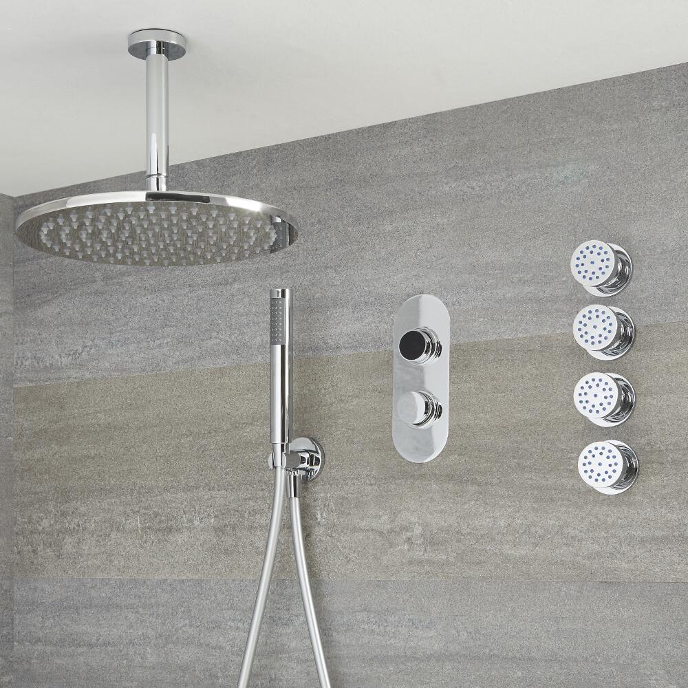 Doccia Digitale con Sistema di Controllo a 3 Vie con Soffione Doccia Circolare 300mm, Braccio Doccia a Soffitto, 4 Idrogetti e Doccetta - Narus