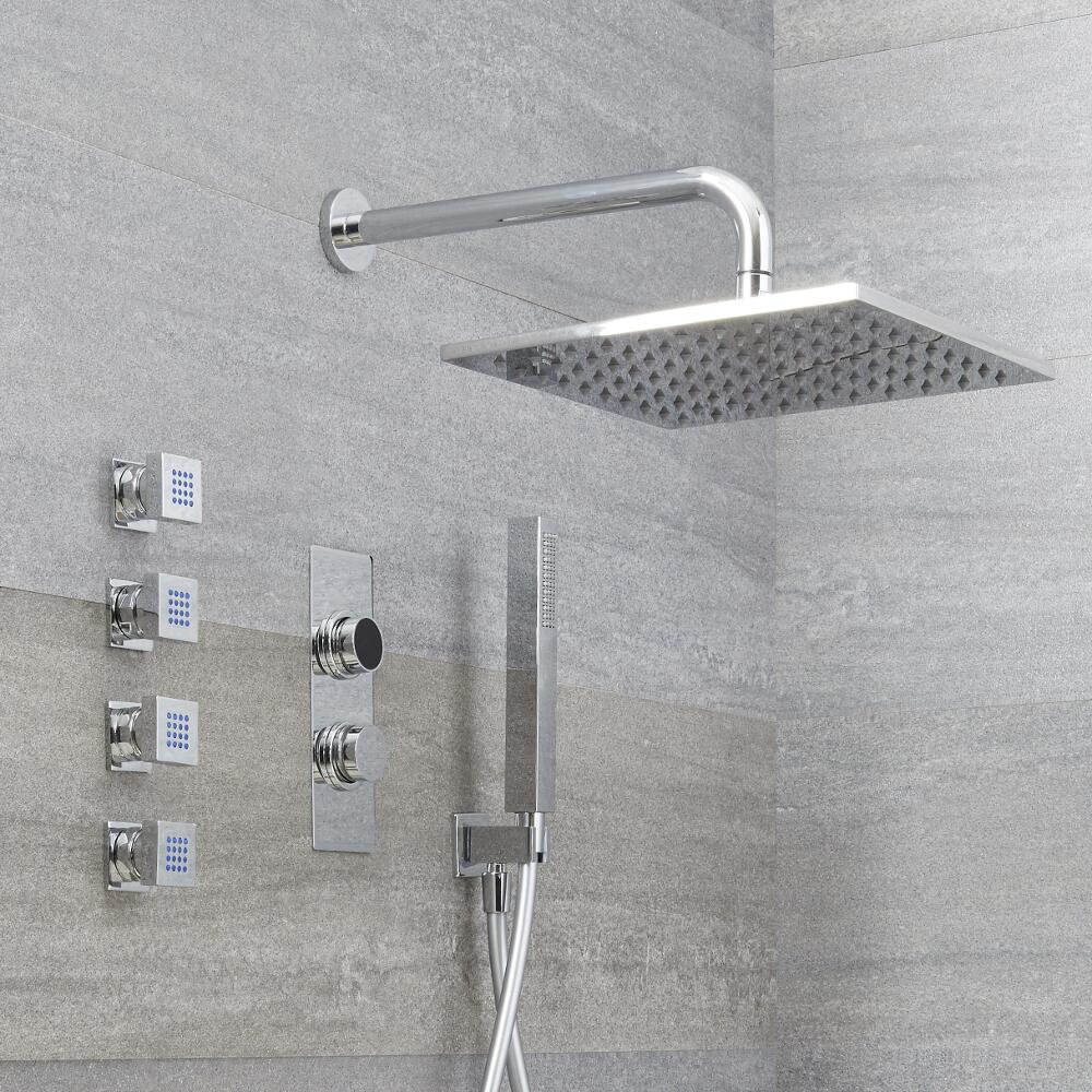 Doccia Digitale con Sistema di Controllo a 3 Vie con Soffione Doccia Quadrato 300mm, Braccio Doccia a Soffitto, 4 Idrogetti e Doccetta - Narus