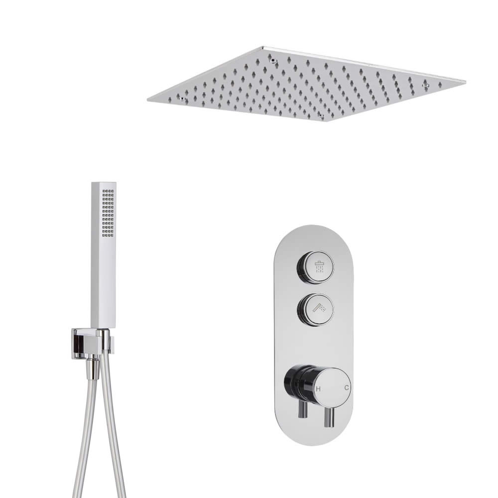 Sistema Doccia a 2 Vie Completo di Miscelatore Termostatico con Pulsanti a Pressione, Soffione Doccia ad Incasso con Doccetta – Idro