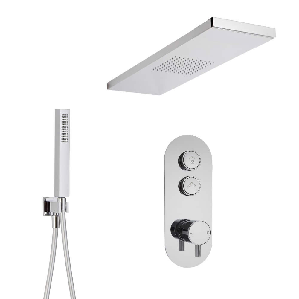 Sistema Doccia a 2 Vie Completo di Miscelatore Termostatico con Pulsanti a Pressione, Soffione Doccia con Braccio per Box Doccia 250x800mm con Doccetta – Idro