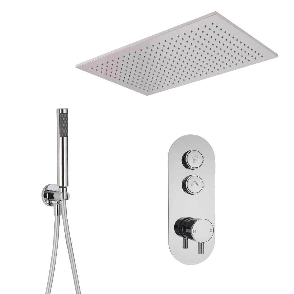 Sistema Doccia a 2 Vie Completo di Miscelatore Termostatico con Pulsanti a Pressione, Soffione Doccia a Controsoffitto 800x500mm e Doccetta – Idro