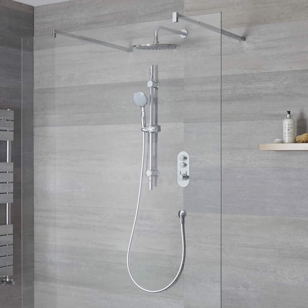 Sistema Doccia a 2 Vie Completo di Miscelatore Termostatico con Pulsanti a Pressione, Soffione Doccia Circolare 300mm e Asta Saliscendi con Doccetta – Idro
