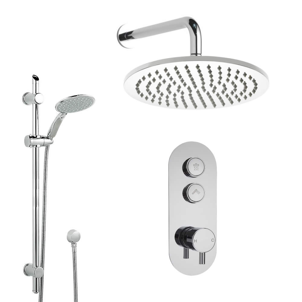 Sistema Doccia a 2 Vie Completo di Miscelatore Termostatico con Pulsanti a Pressione, Soffione Doccia Circolare 300mm e Asta Saliscendi con Doccetta – Idro
