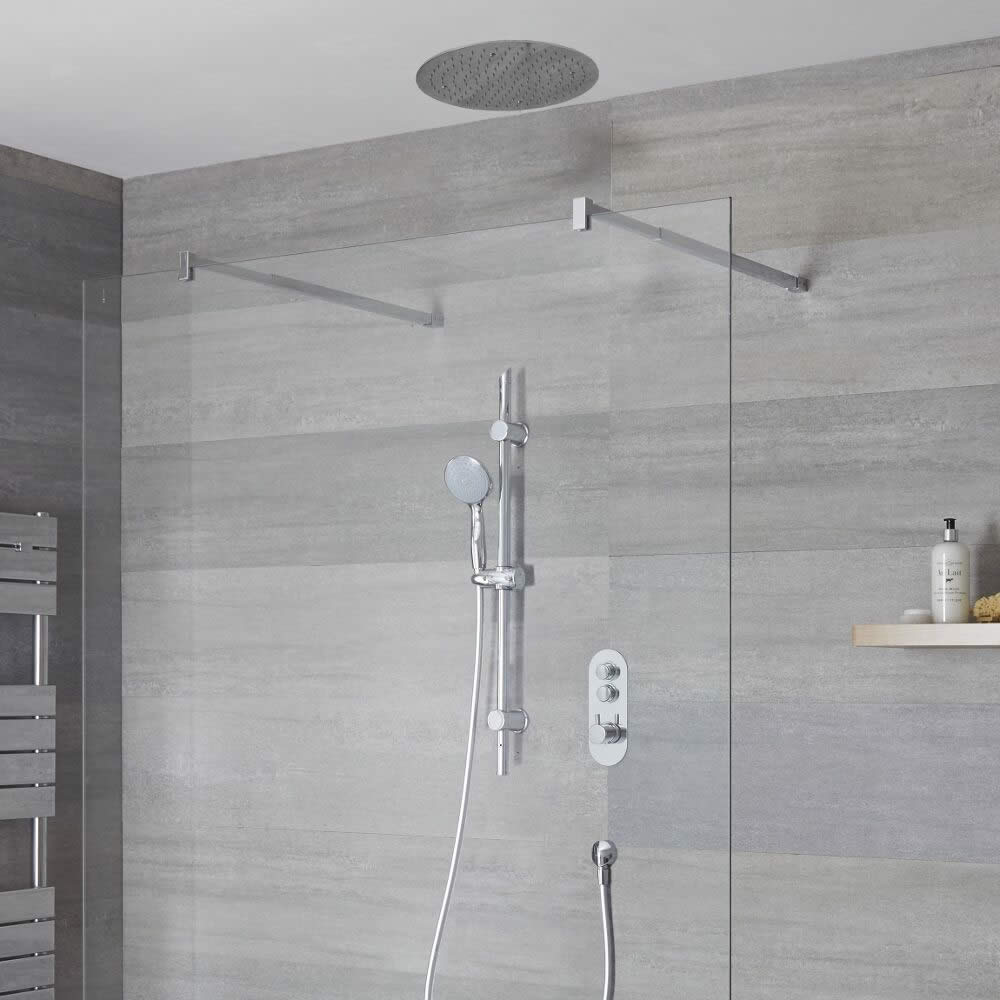 Sistema Doccia a 2 Vie Completo di Miscelatore Termostatico con Pulsanti a Pressione, Soffione Doccia a Soffitto 400mm e Asta Saliscendi con Doccetta – Idro