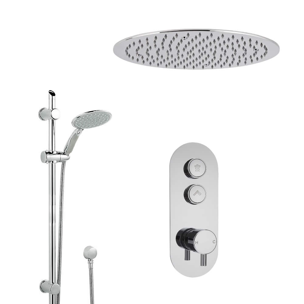 Sistema Doccia a 2 Vie Completo di Miscelatore Termostatico con Pulsanti a Pressione, Soffione Doccia a Soffitto 400mm e Asta Saliscendi con Doccetta – Idro