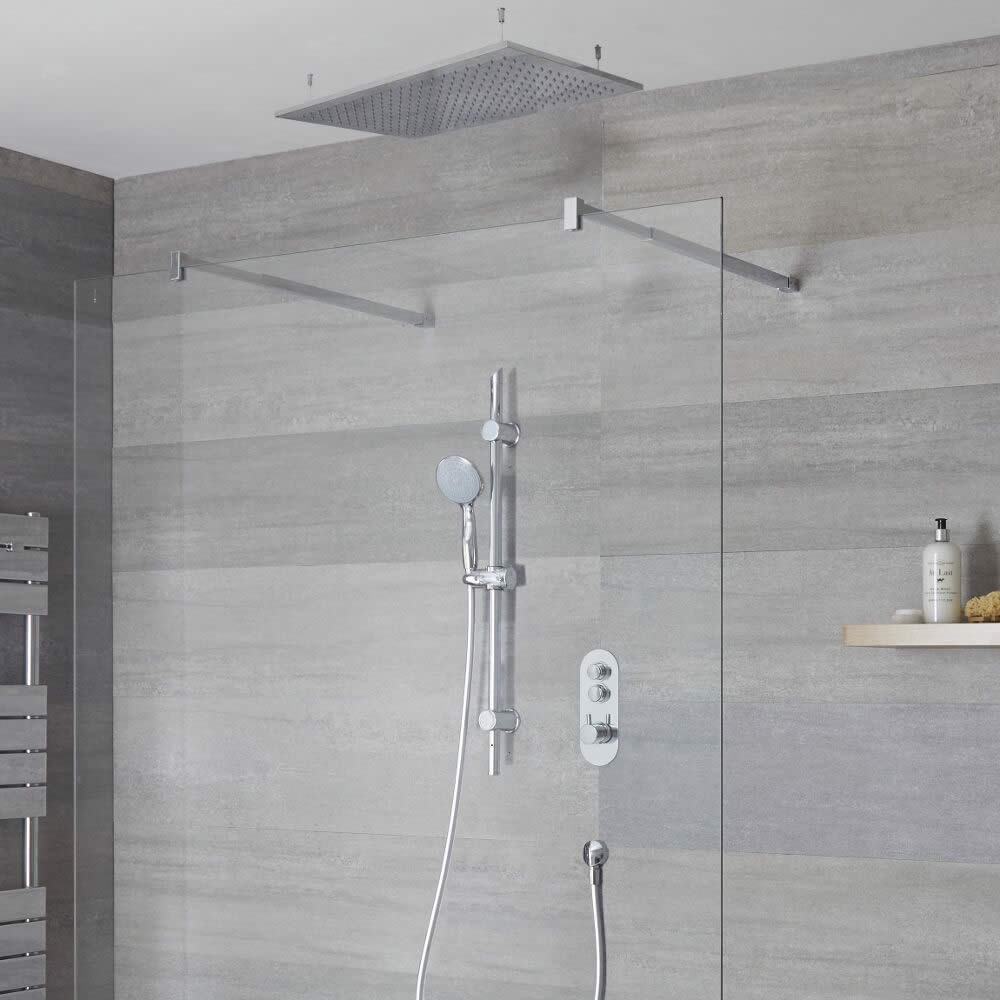 Sistema Doccia a 2 Vie Completo di Miscelatore Termostatico con Pulsanti a Pressione, Soffione Doccia a Controsoffitto 800x500mm, Kit Doccia con Asta Saliscendi e Doccetta – Idro