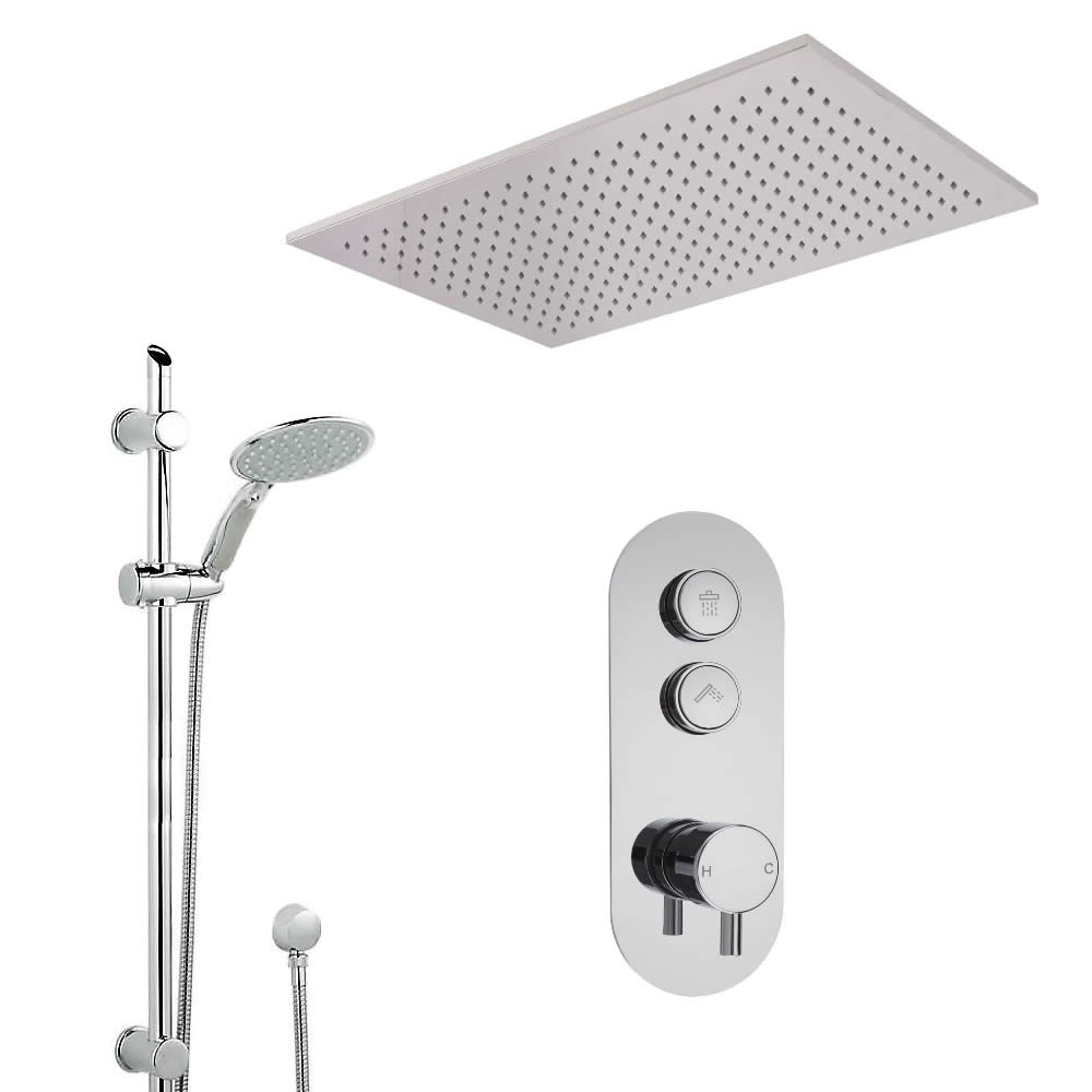 Sistema Doccia a 2 Vie Completo di Miscelatore Termostatico con Pulsanti a Pressione, Soffione Doccia a Controsoffitto 800x500mm, Kit Doccia con Asta Saliscendi e Doccetta – Idro