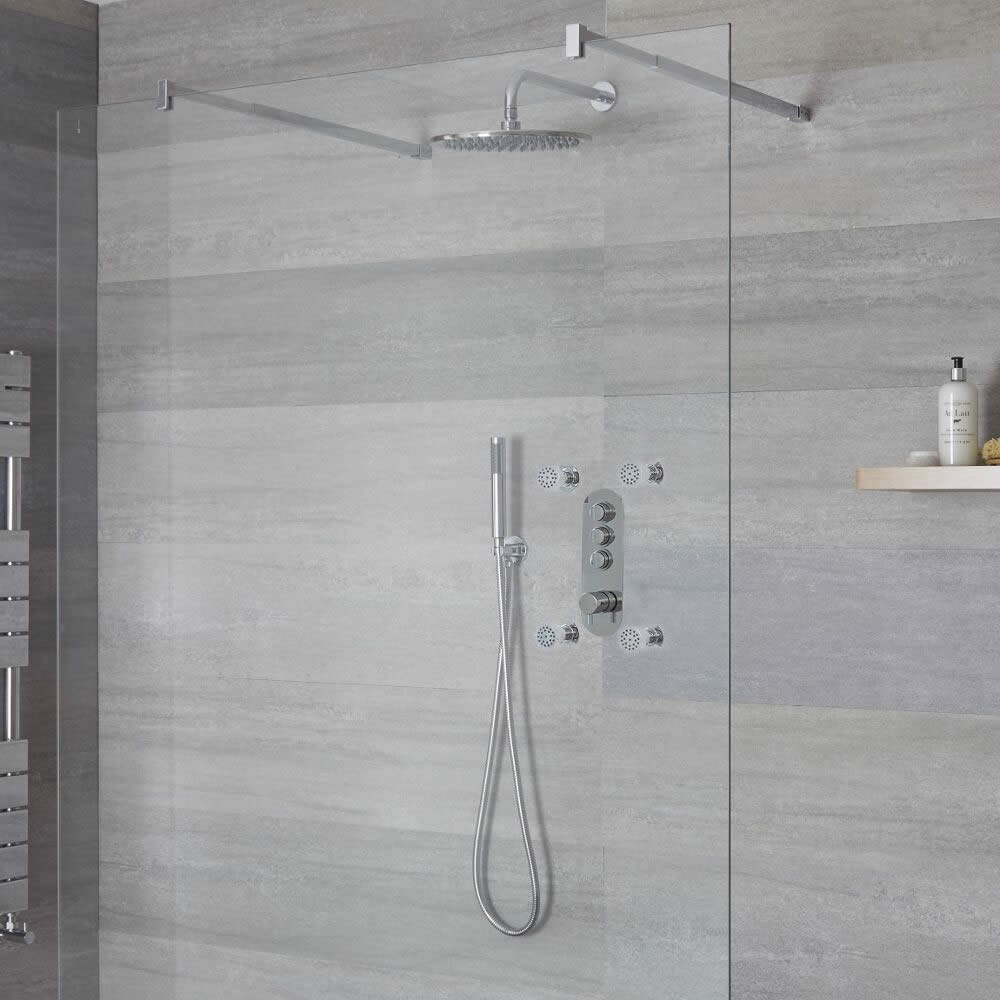 Sistema Doccia a 3 Vie Completo di Miscelatore Termostatico con Pulsanti a Pressione, Soffione Doccia 300mm, Idrogetti e Doccetta – Idro