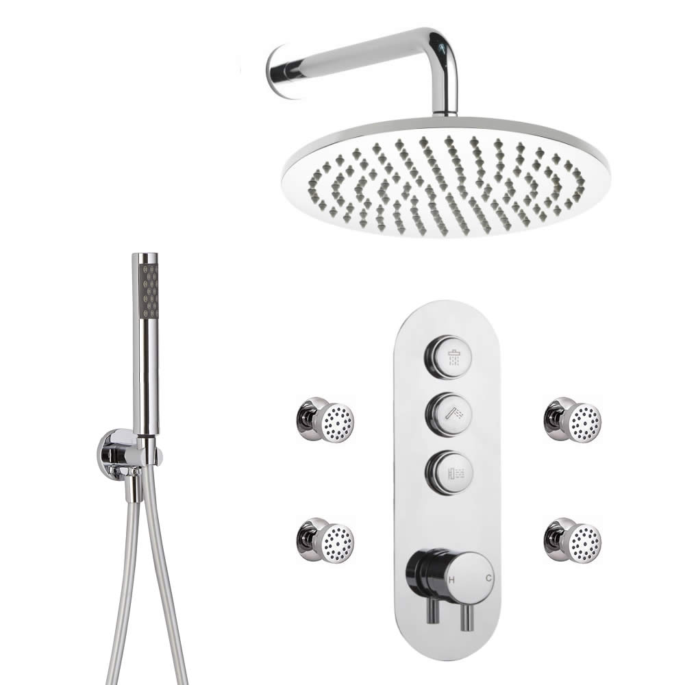 Sistema Doccia a 3 Vie Completo di Miscelatore Termostatico con Pulsanti a Pressione, Soffione Doccia 300mm, Idrogetti e Doccetta – Idro