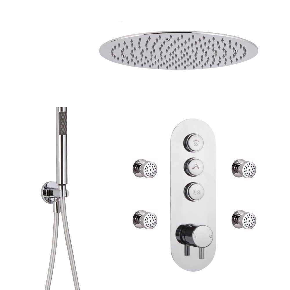 Sistema Doccia a 3 Vie Completo di Miscelatore Termostatico con Pulsanti a Pressione, Soffione Doccia ad Incasso 400mm, 4 Idrogetti, Doccetta – Idro