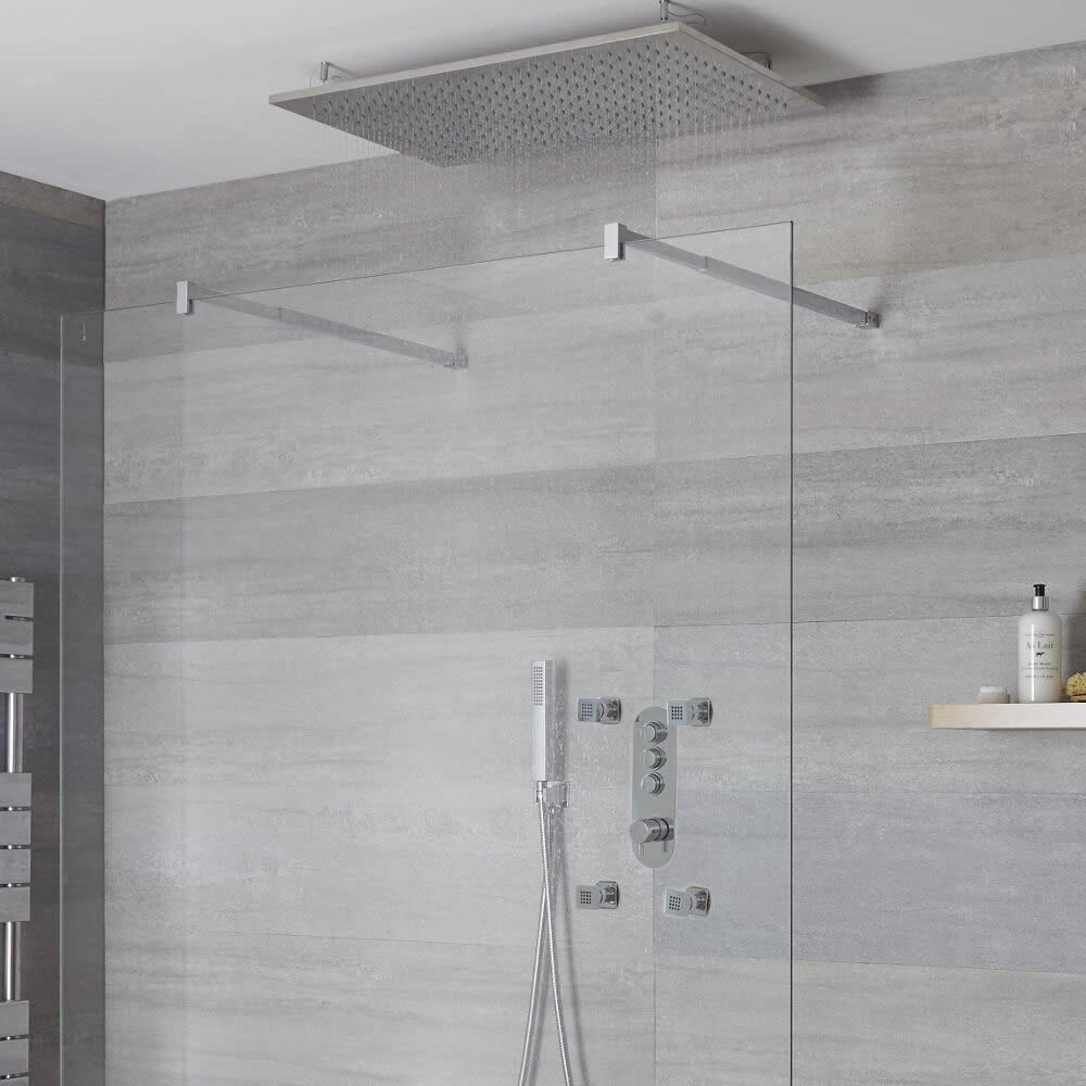 Sistema Doccia a 3 Vie Completo di Miscelatore Termostatico con Pulsanti a Pressione, Soffione Doccia a Controsoffitto 800x500mm e Doccetta – Idro