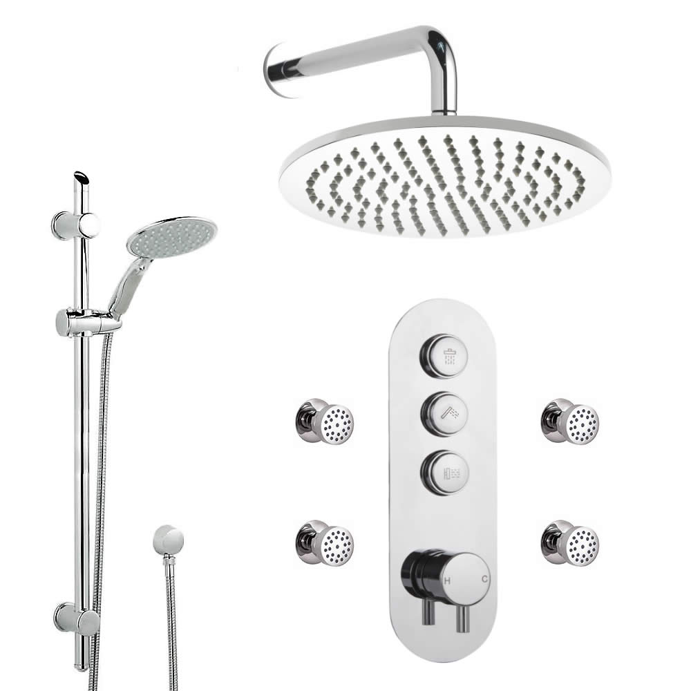 Sistema Doccia a 3 Vie Completo di Miscelatore Termostatico con Pulsanti a Pressione, Soffione Doccia Circolare 300mm e Asta Saliscendi con Doccetta – Idro