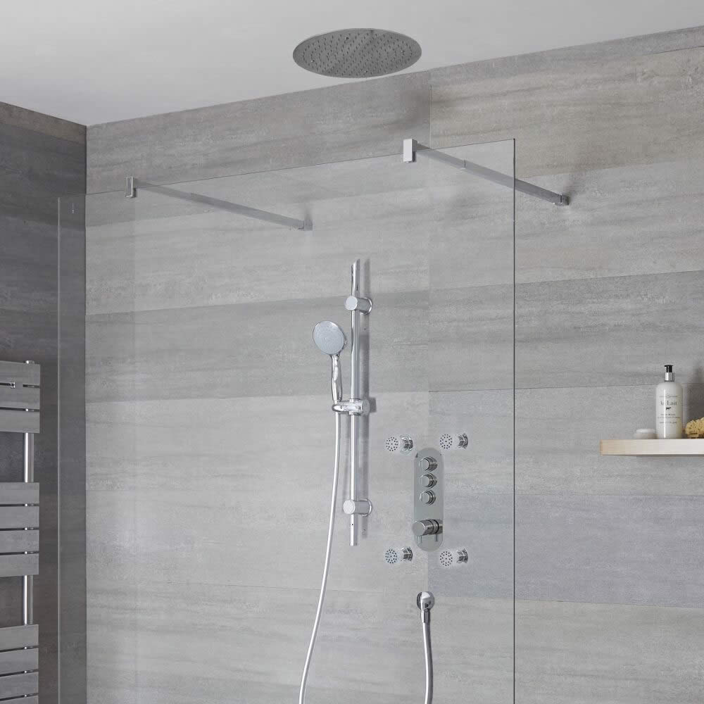 Sistema Doccia a 3 Vie Completo di Miscelatore Termostatico con Pulsanti a Pressione, Soffione Doccia a Soffitto 400mm, 4 Idrogetti e Asta Saliscendi con Doccetta – Idro