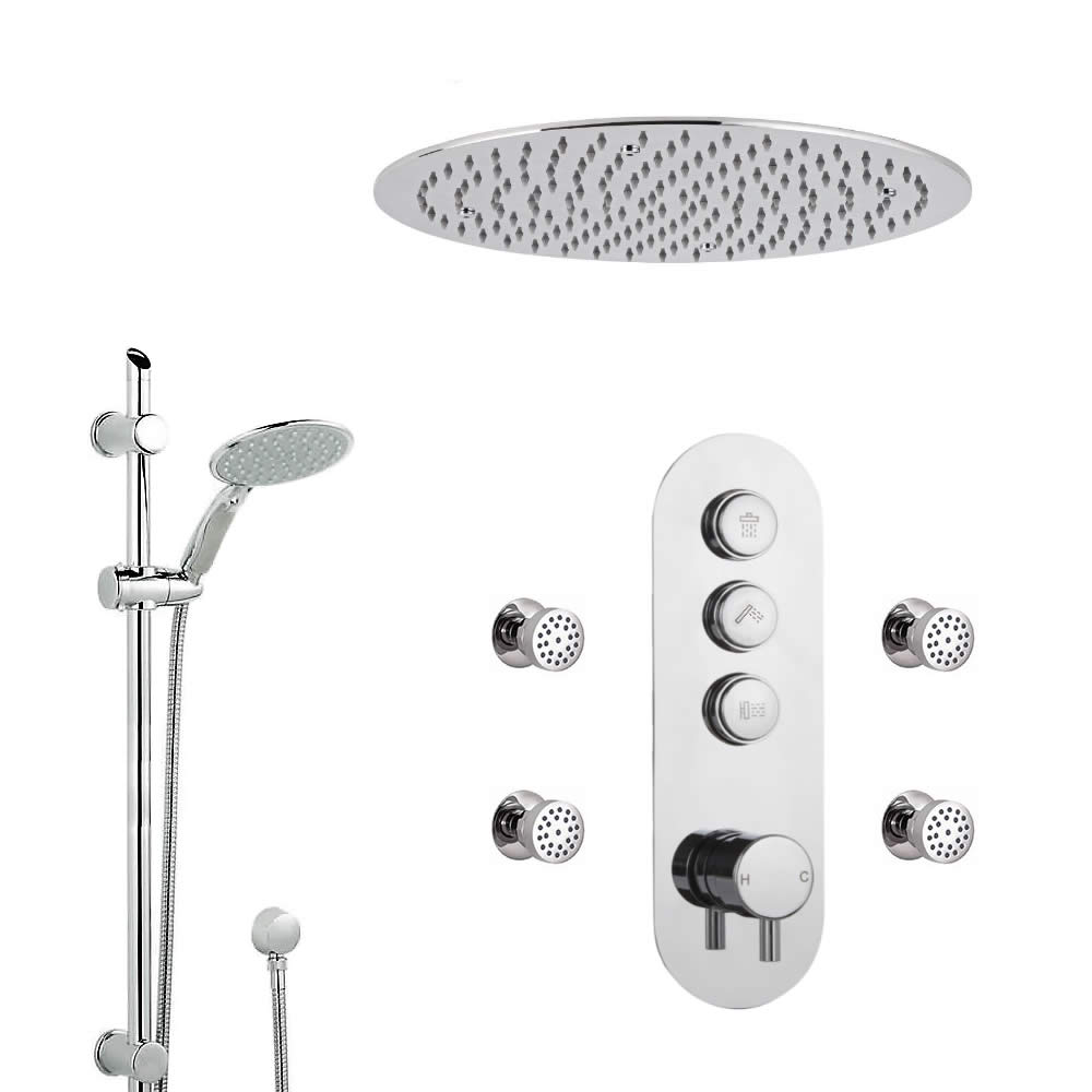 Sistema Doccia a 3 Vie Completo di Miscelatore Termostatico con Pulsanti a Pressione, Soffione Doccia a Soffitto 400mm, 4 Idrogetti e Asta Saliscendi con Doccetta – Idro