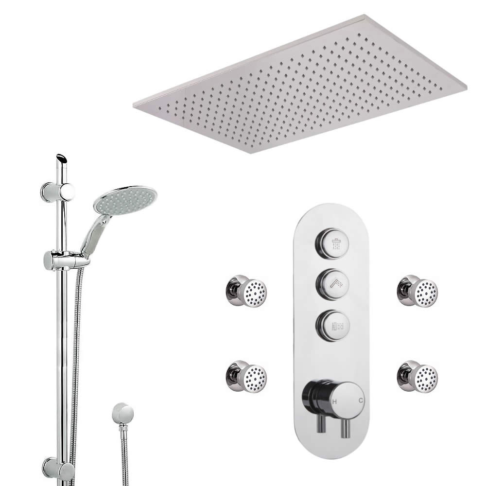 Sistema Doccia a 3 Vie Completo di Miscelatore Termostatico con Pulsanti a Pressione, Soffione Doccia a Controsoffitto 800x500mm, 4 Idrogetti, Kit Doccia con Asta Saliscendi e Doccetta – Idro