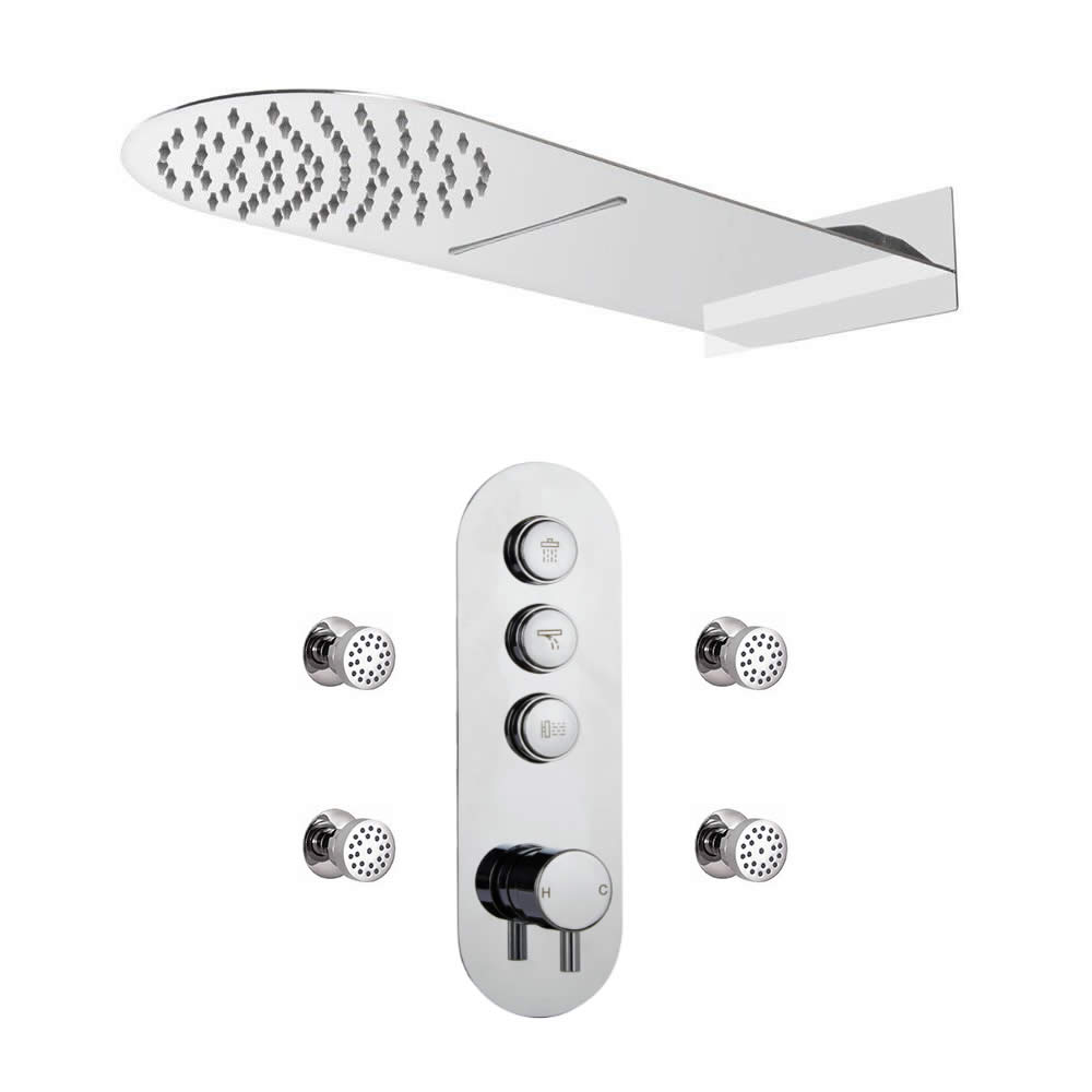 Sistema Doccia a 3 Vie Completo di Miscelatore Termostatico con Pulsanti a Pressione con 4 Idrogetti e Soffione Effetto Pioggia e Cascata – Idro