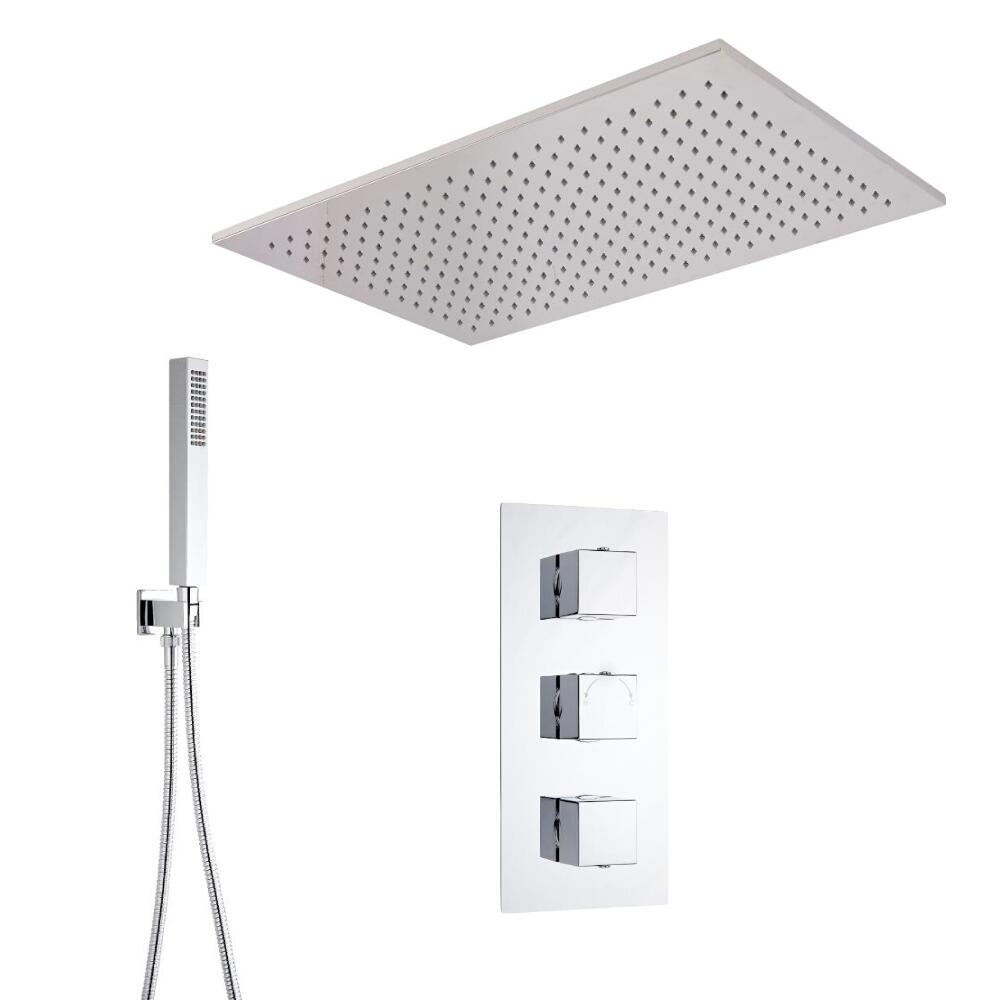 Kit Doccia Completo di Miscelatore Termostatico Incasso Triplo a Due Vie con Soffione Doccia ad Incasso 800x500mm e Doccetta