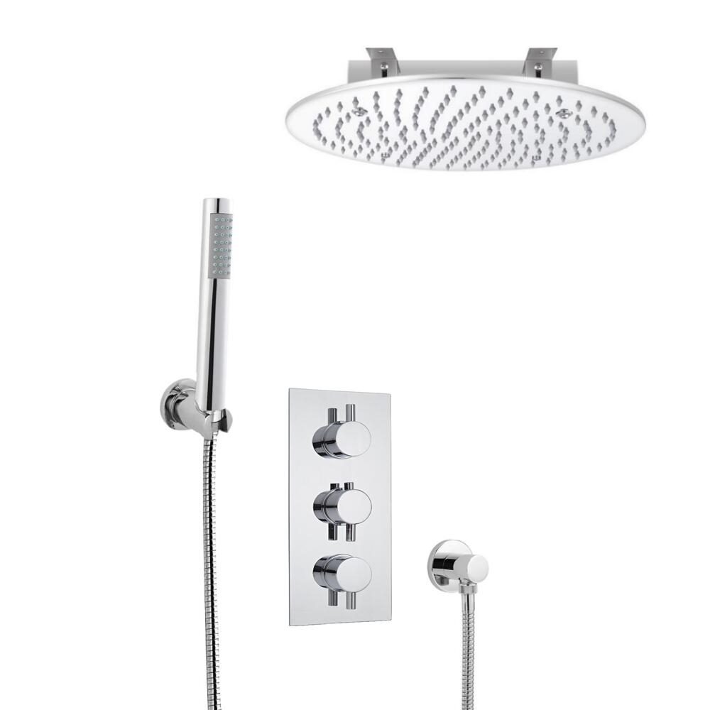 Kit Doccia Completo con Miscelatore Termostatico Incasso Triplo a Due Vie con Soffione Doccia ad Incasso 400mm e Doccetta