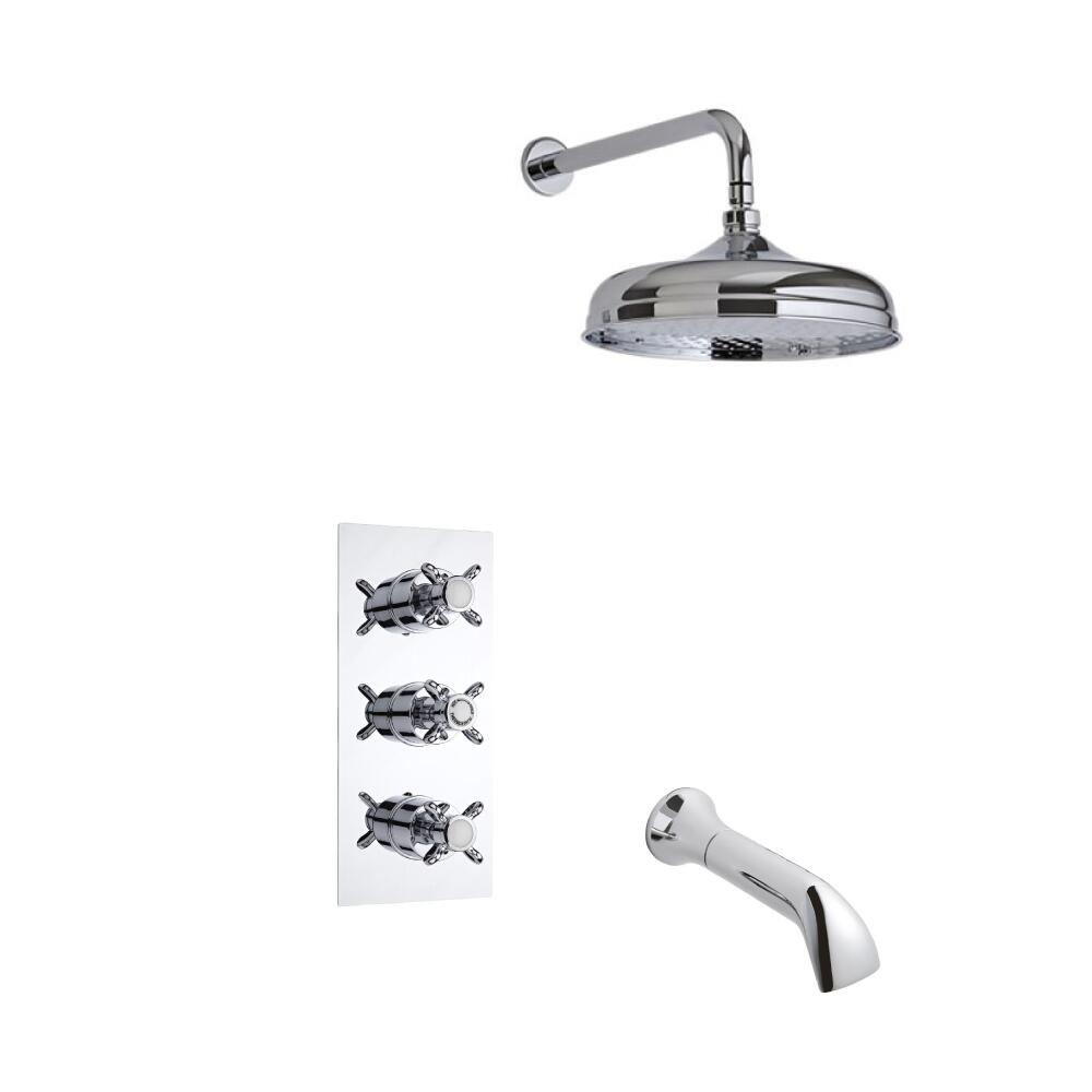 Kit Doccia Tradizionale Triplo Completo con Miscelatore Doccia Termostatico a Due Vie, Soffione Doccia 155mm, Braccio Doccia Murale ed Erogatore per Vasca