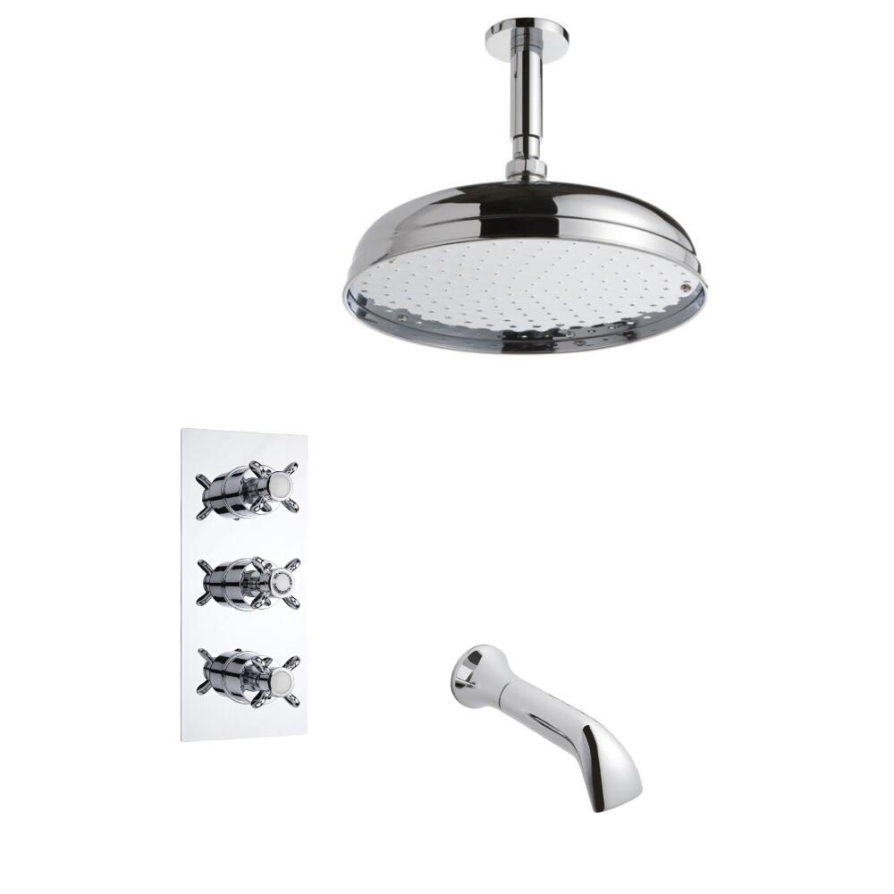 Kit Doccia Tradizionale Triplo Completo di Miscelatore Doccia Termostatico a Due Vie, Soffione Doccia 300mm, Braccio Doccia a Soffitto ed Erogatore per Vasca