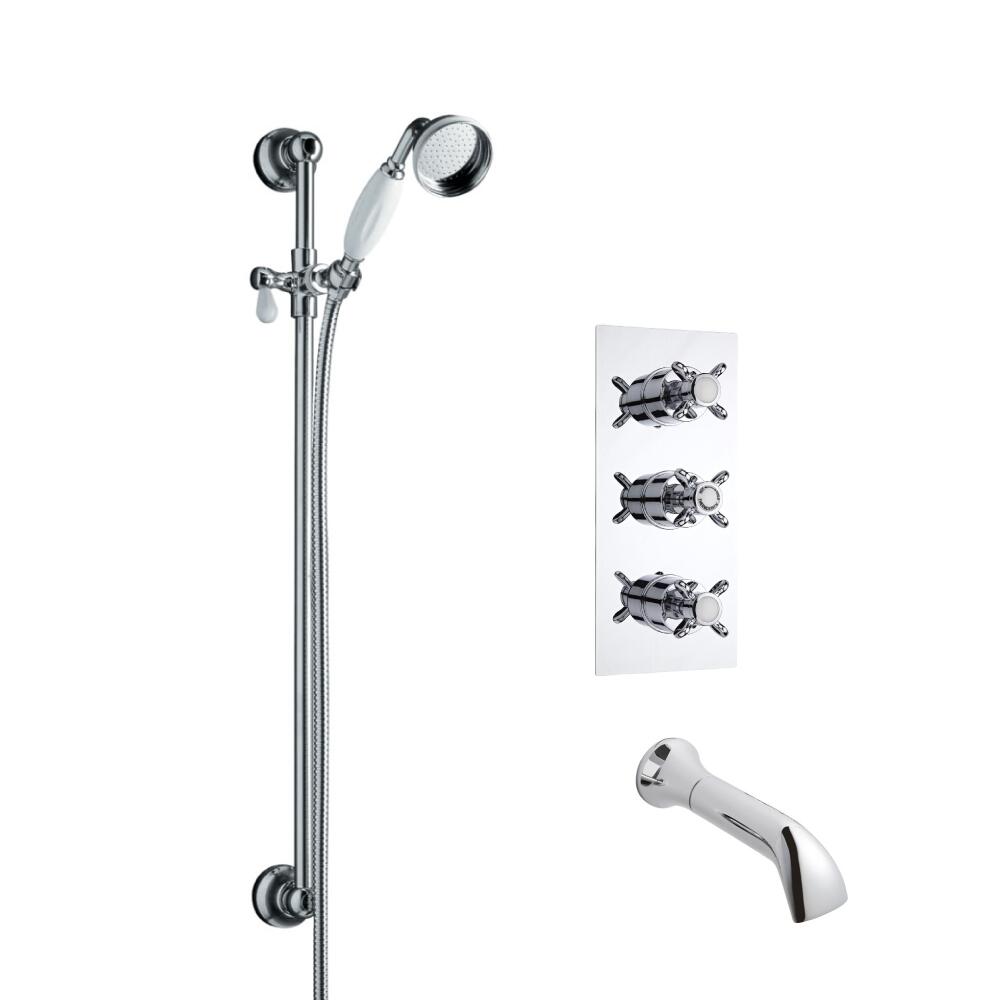 Kit Doccia Tradizionale Triplo Completo con Miscelatore Doccia Termostatico a Due Vie con Asta Saliscendi, Doccetta, Gomito ed Erogatore per Doccia