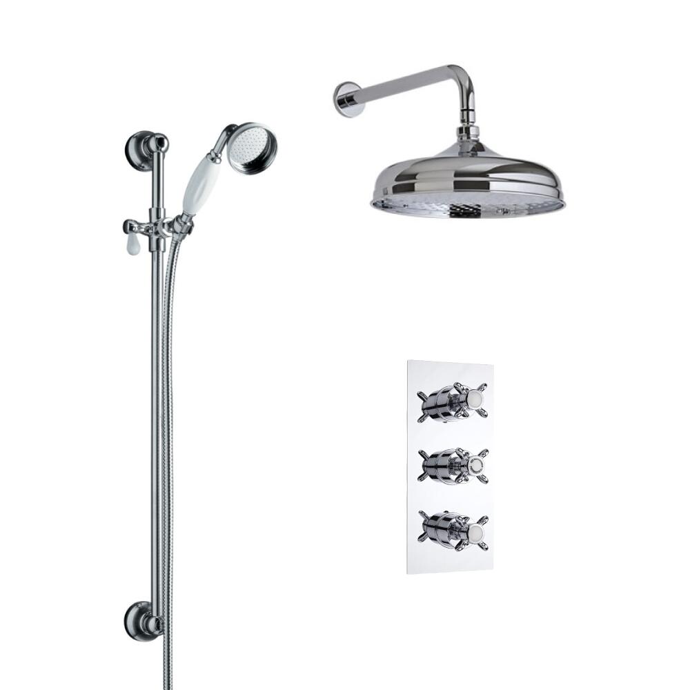 Kit Doccia Tradizionale Triplo Completo di Miscelatore Doccia Termostatico a Due Vie, Asta Saliscendi con Doccetta, Soffione Doccia 150mm con Braccio Doccia