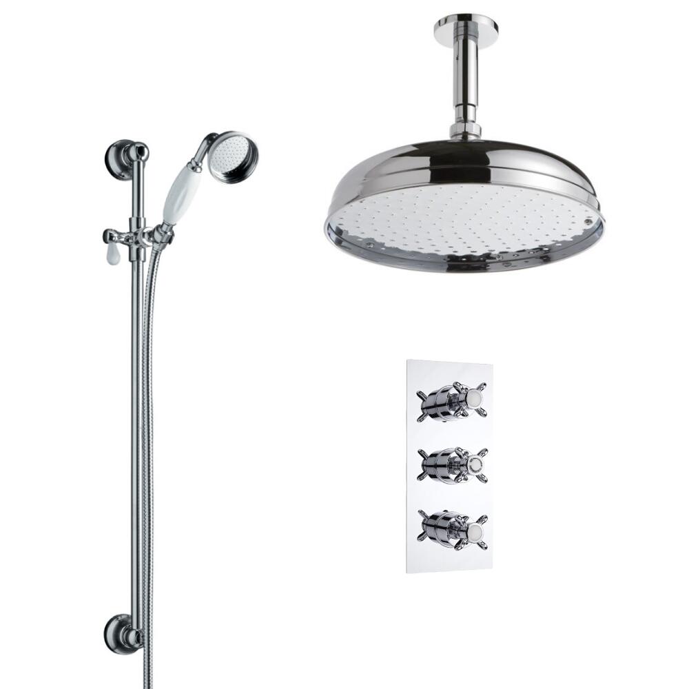 Kit Doccia Tradizionale Triplo Completo di Miscelatore Doccia Termostatico a Due Vie, Asta Saliscendi con Doccette e Soffione Doccia 300mm con Braccio Doccia