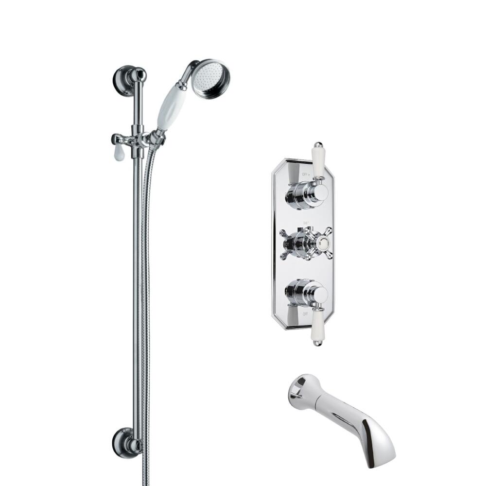 Kit Doccia Tradizionale Completo con Miscelatore Termostatico Incasso Triplo a Due Vie con Asta Saliscendi, Doccetta, Flessibile Doccia, Gomito ed Erogatore per Vasca