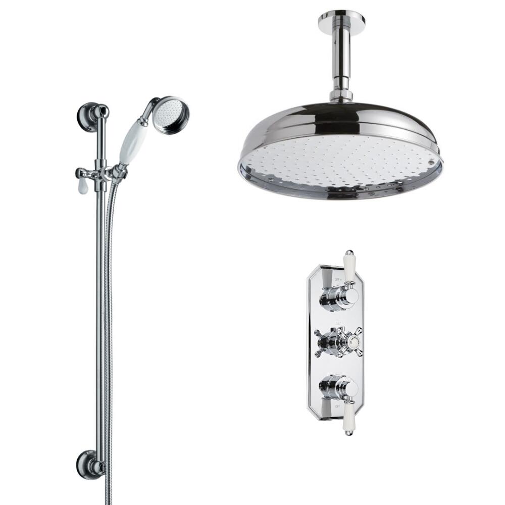 Kit Doccia Tradizionale Completo con Miscelatore Termostatico Incasso Triplo a Due Vie con Soffione Doccia 300mm, Braccio Doccia Murale, Asta Saliscendi, Doccetta, Flessibile Doccia e Gomito