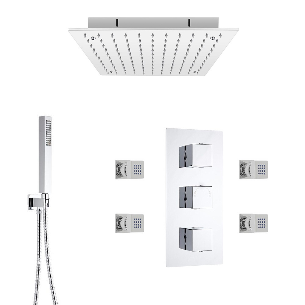 Kit Doccia Completo con Miscelatore Termostatico Incasso a 3 Vie con Soffione Doccia da Incass 400mm, Idrogetti e Doccetta