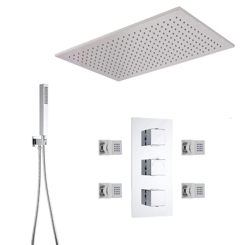 Kit Doccia Completo con Miscelatore Termostatico Incasso a Tre Vie con Soffione Doccia ad Incasso 800x500mm, 4 Idrogetti e Doccetta