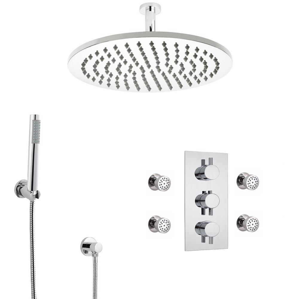 Kit Doccia Completo con Miscelatore Termostatico Incasso Triplo a Tre Vie con Soffione Doccia a Pioggia, Idrogetti e Doccetta