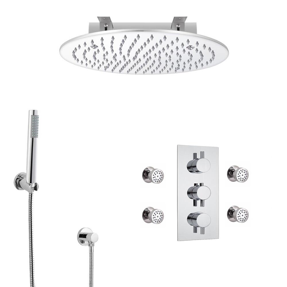 Kit Doccia Completo con Miscelatore Termostatico Incasso a 3 Vie con Soffione Doccia da Incasso 400mm, 4 Idrogetti e Doccetta