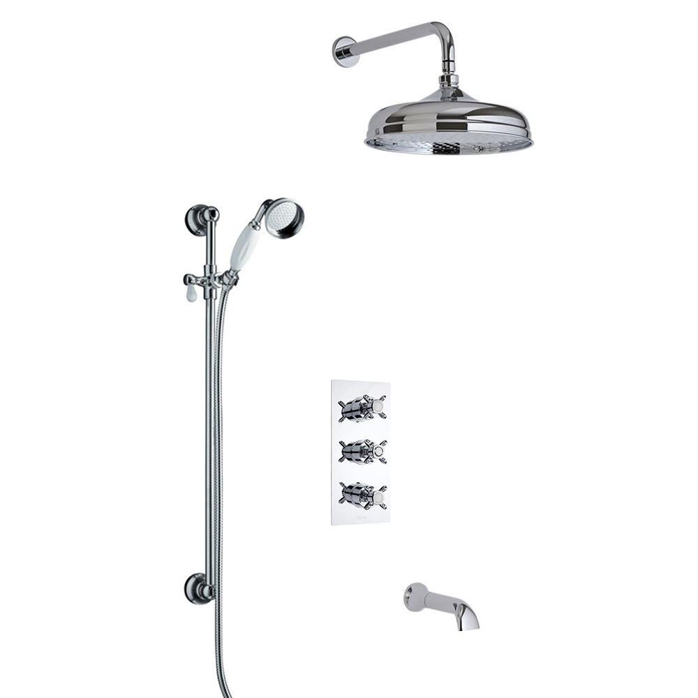 Kit Doccia Tradizionale Triplo Completo di Miscelatore Doccia Termostatico a Tre Vie con Soffione Doccia con Braccio Murale, Asta Saliscendi con Doccetta ed Erogatore per Vasca