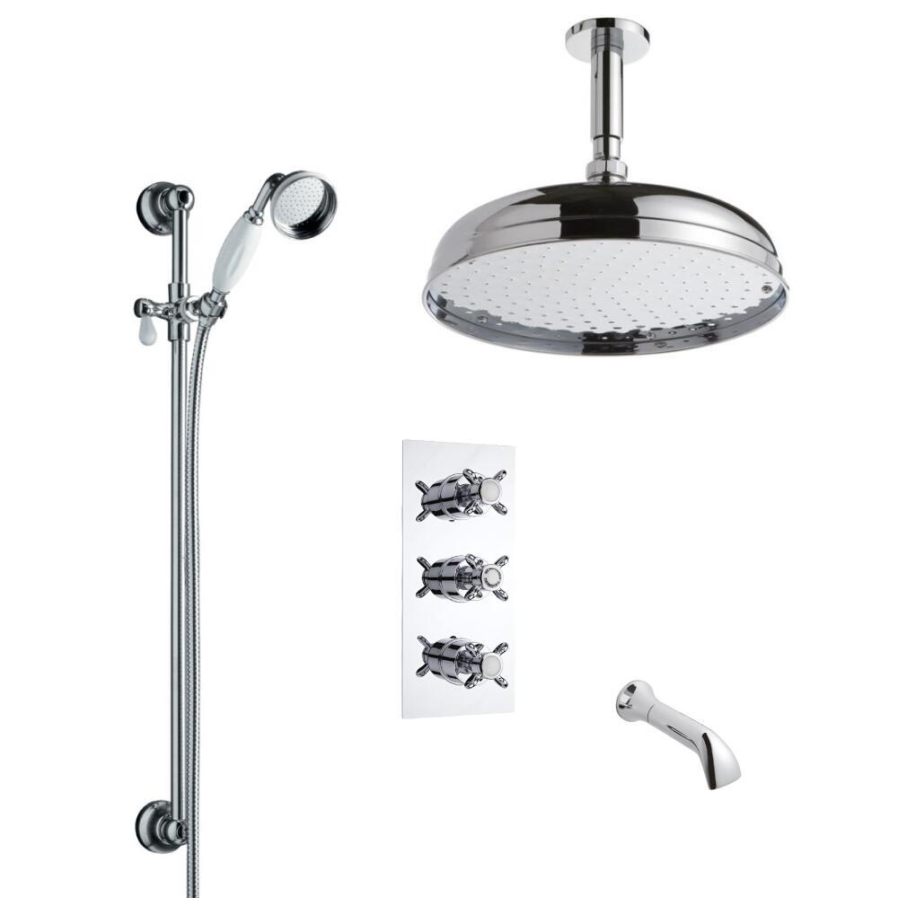 Kit Doccia Tradizionale Triplo Completo con Miscelatore Doccia Termostatico a Tre Vie con Soffione Doccia 300mm con Braccio Doccia, Asta Saliscendi, Doccetta ed Erogatore per Vasca