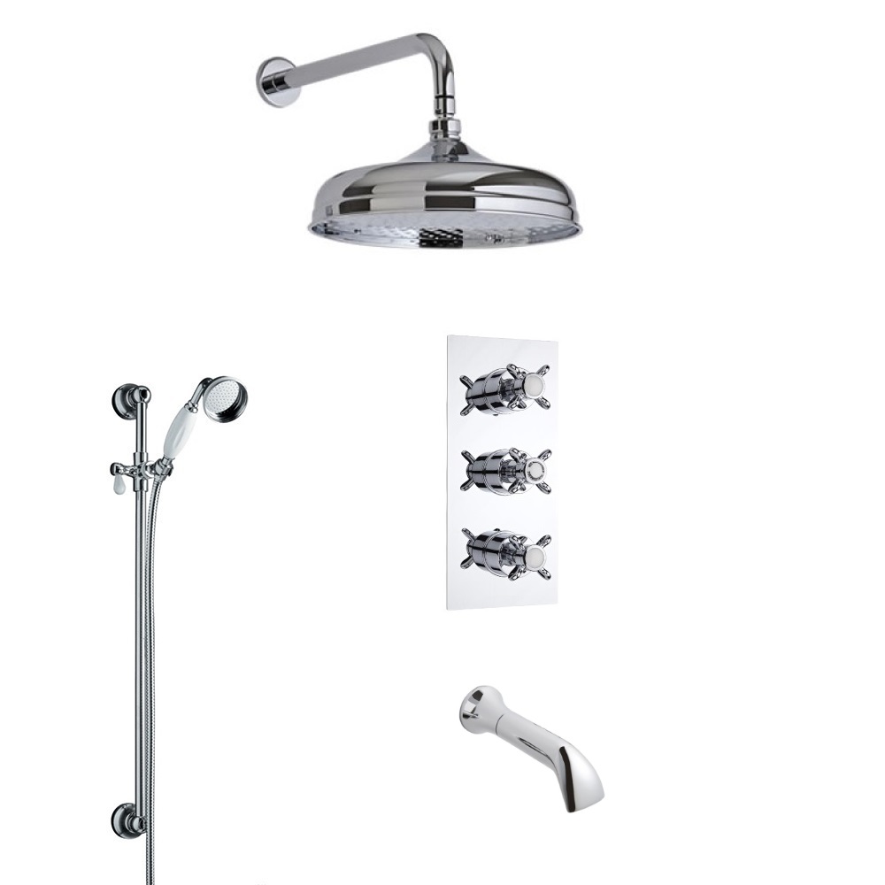 Kit Doccia Tradizionale Triplo Completo con Miscelatore Doccia Termostatico a Tre Vie con Soffione Doccia 200mm, Braccio Doccia , Asta Saliscendi, Doccetta ed Erogatore per Vasca