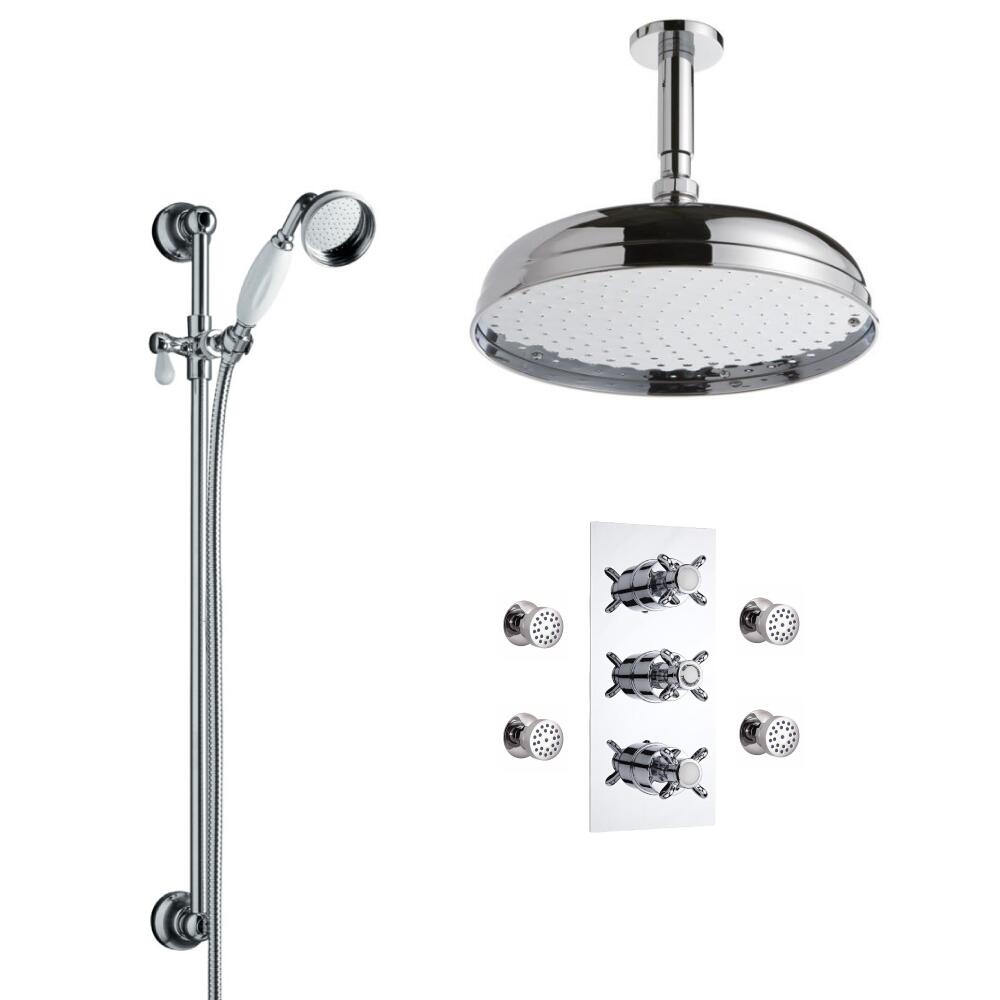 Kit Doccia Tradizionale Triplo Completo con Miscelatore Doccia Termostatico a Tre Vie con Soffione Doccia 300mm, Braccio Doccia, Asta Saliscendi, Doccetta e 4 Idrogetti