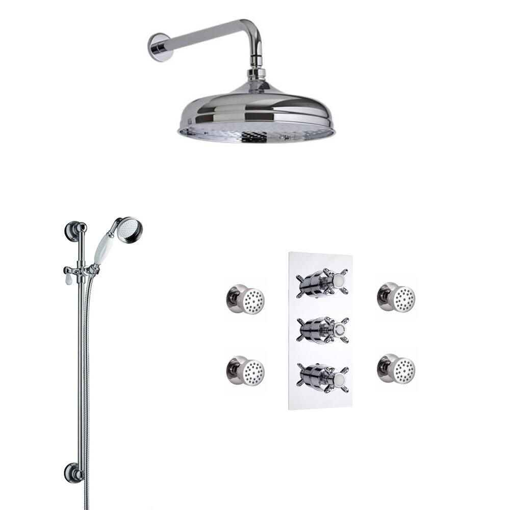 Kit Doccia Tradizionale Triplo Completo con Miscelatore Doccia Termostatico a Tre Vie con Soffione Doccia 200mm, Braccio Doccia, Asta Saliscendi, Doccetta e 4 Idrogetti