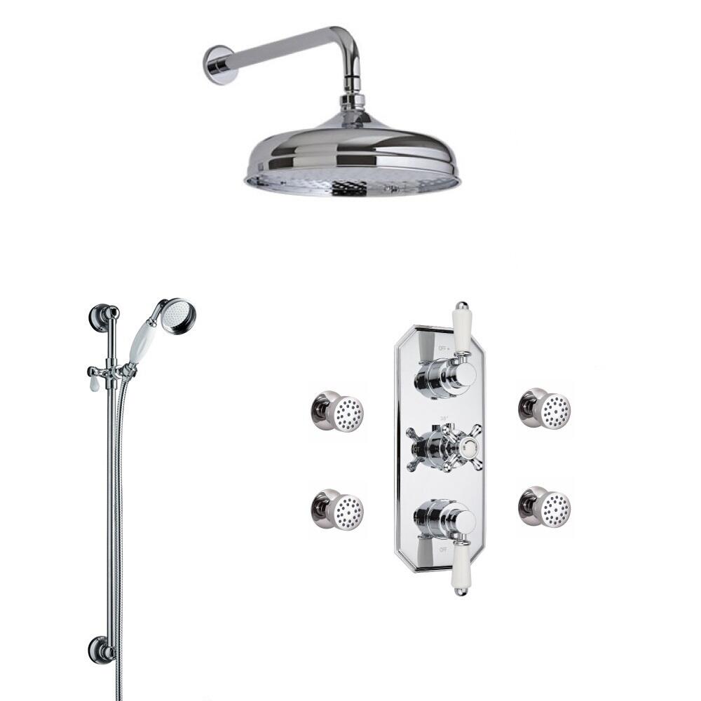 Kit Doccia Tradizionale Completo con Miscelatore Termostatico Incasso Triplo a Tre Vie con Soffione Doccia, Braccio Doccia, Asta Saliscendi e 4 Idrogetti