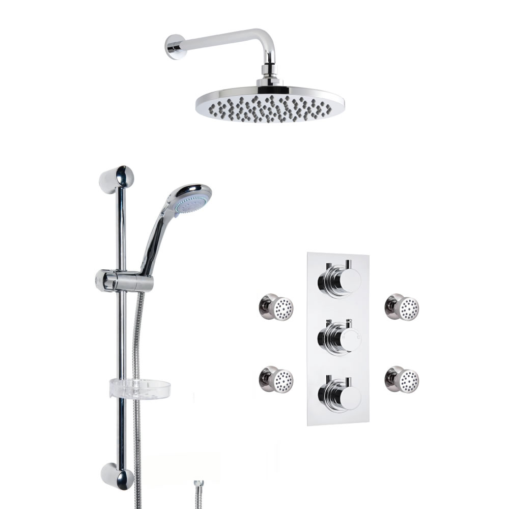 Kit Doccia Completo di miscelatore Termostatico Doccia Triplo a 3 Vie, Soffione Doccia, Braccio, Asta Saliscendi, Flessibile e 4 Idrogetti