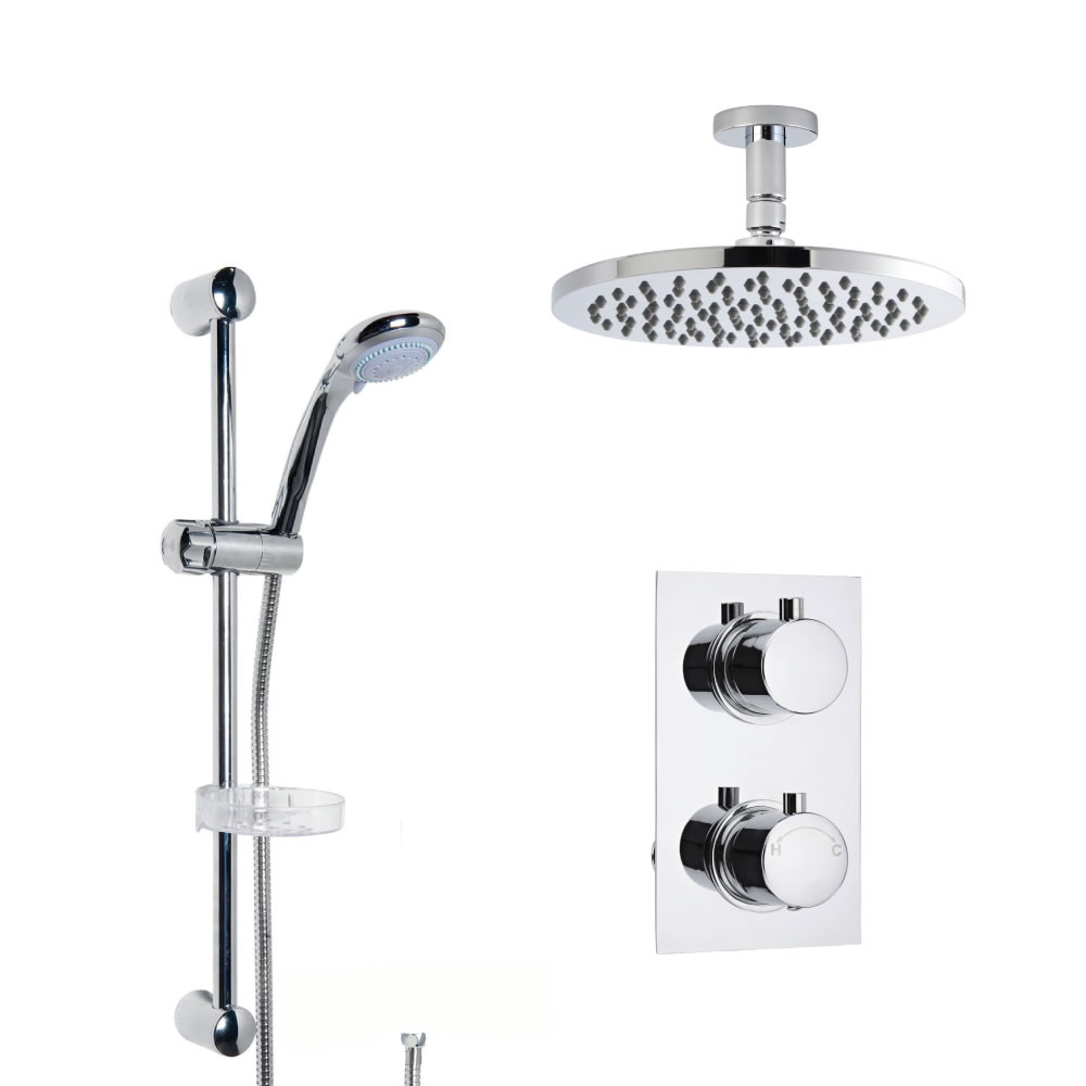 Kit Doccia Completo di Miscelatore Termostatico Doccia a Due Vie, Soffione Doccia Orientabile, Braccio a Soffitto, Asta Saliscendi e Flessibile