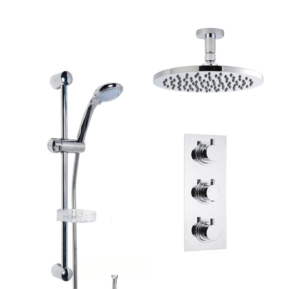 Kit Doccia Completo di Miscelatore Termostatico Doccia Triplo a Due Vie, Soffione Doccia, Braccio a Soffitto, Asta Saliscendi e Flessibile
