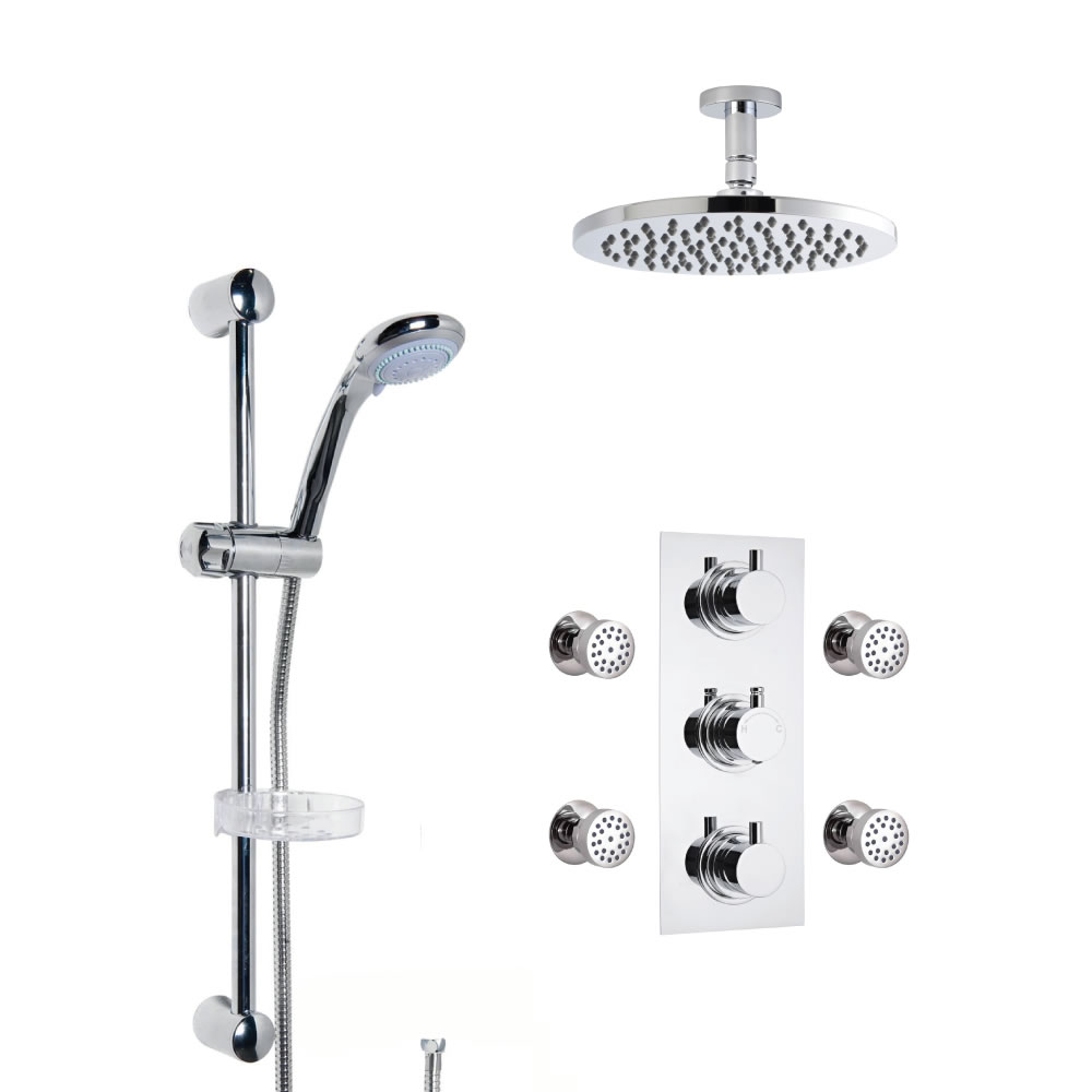 Kit Doccia Completo di miscelatore Termostatico Doccia Triplo a 3 Vie, Soffione Doccia, Braccio a Soffitto, Asta Saliscendi, Flessibile e 4 Idrogetti
