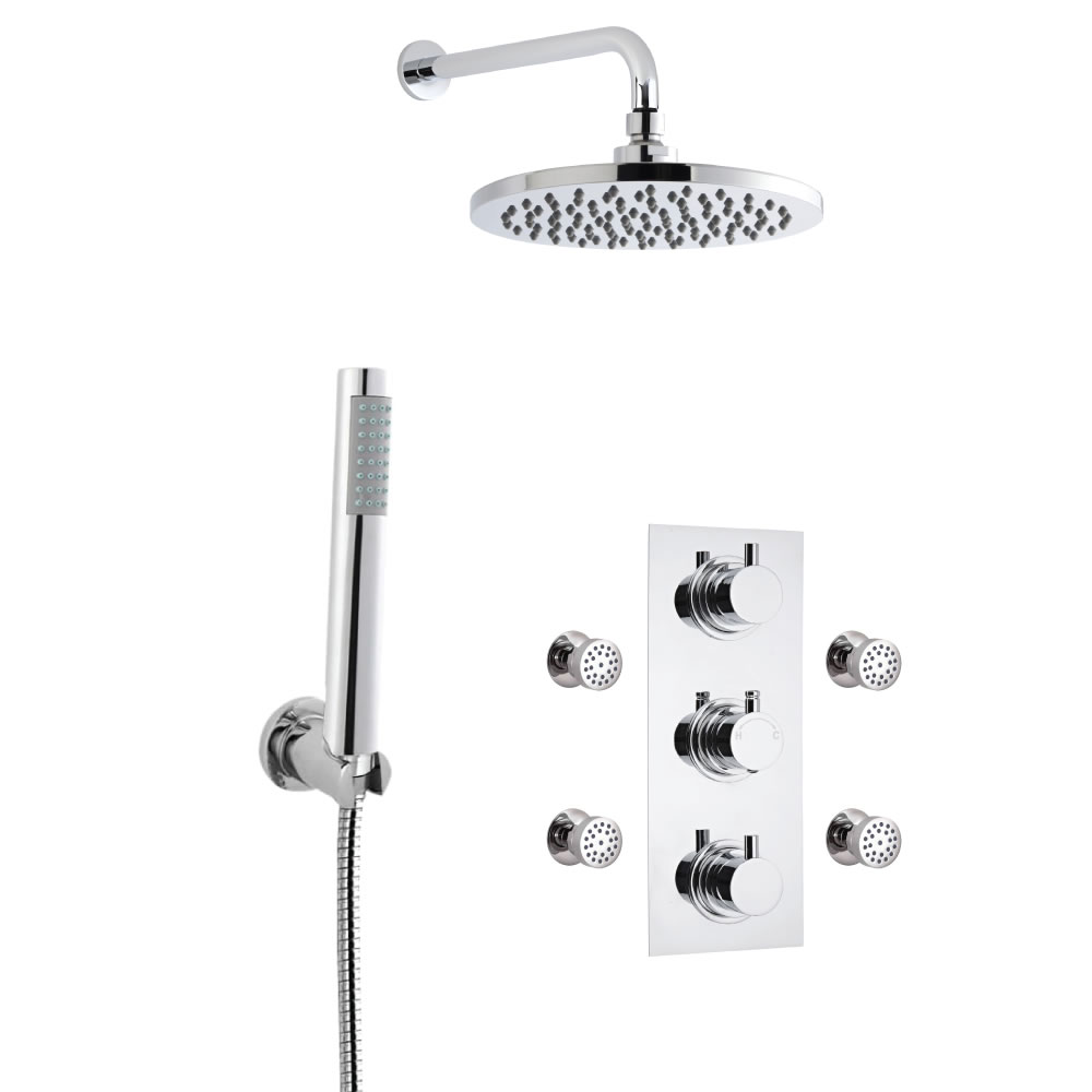 Kit Doccia Completo di Miscelatore Termostatico Doccia Triplo a Due Vie con Deviatore, Soffione Doccia, Braccio Murale, Doccetta, 4 Idrogetti, Flessibile e Gomito con Clip di Supporto