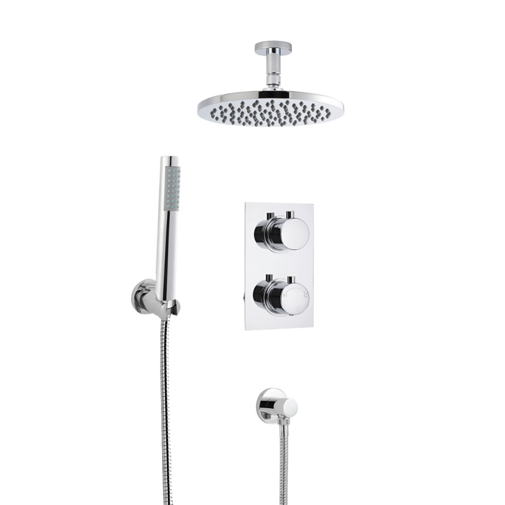 Kit Doccia Completo di miscelatore Termostatico Doccia a Due Vie, Soffione Doccia Tondo, Braccio a Soffitto, Flessibile e Clip di Supporto con Gomito